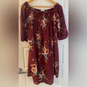 Floral Midi Dress in Burgundy Smocked Front Size 18 Boho Prairie Peasant